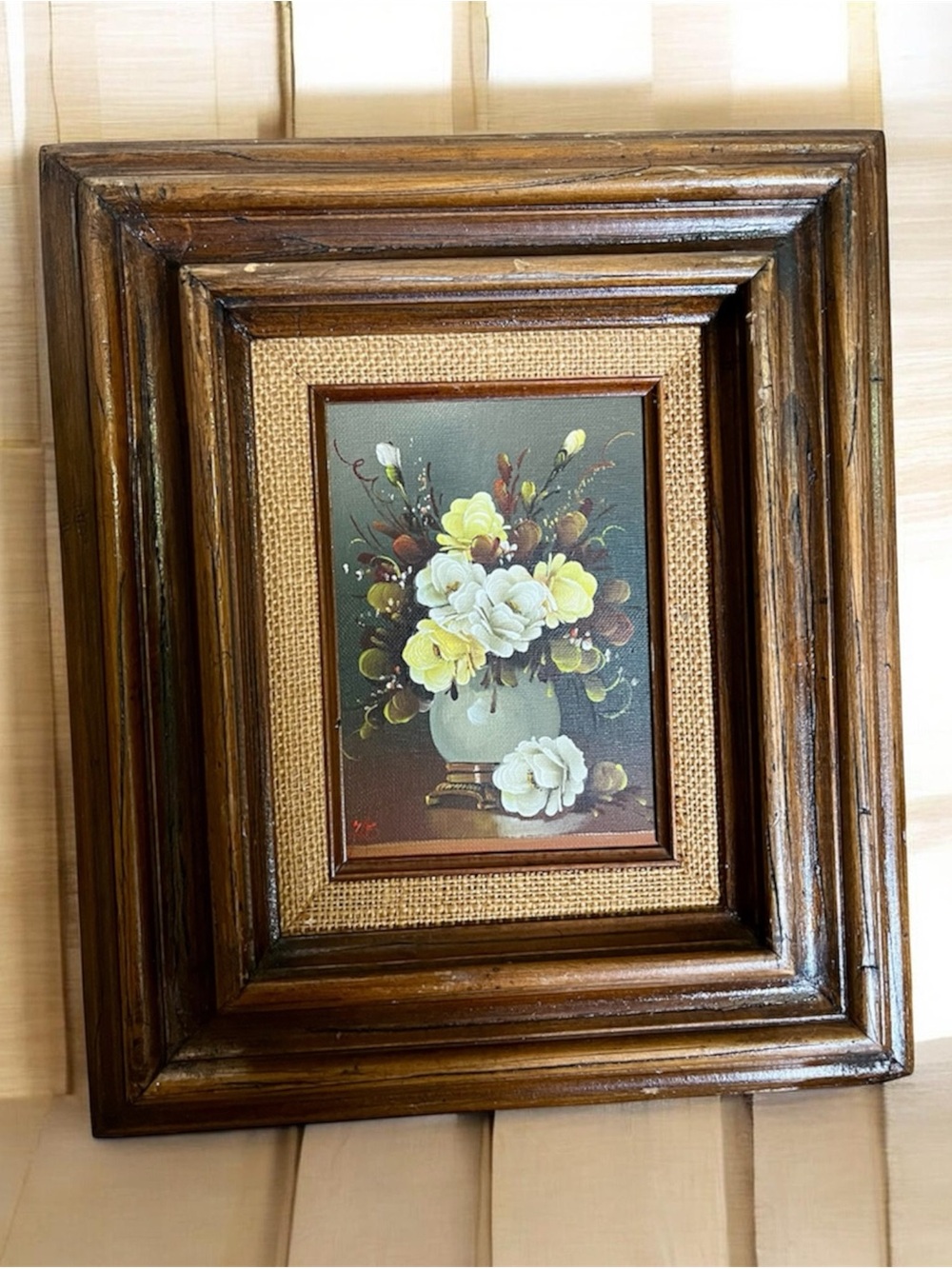 1950s Vintage Hand painted Framed Floral Still Life Wall Art in Brown and Yellow